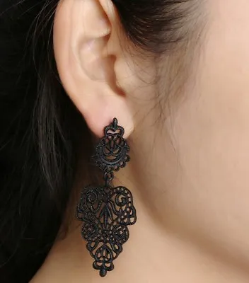 Beautiful Black Dangle Chandelier Earrings Stud For Pierced Ears Flower UK E113 • £4.99