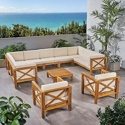 Isabella Outdoor 11 Seater Acacia Wood Sectional Sofa And Club Chair Set • $2923.70