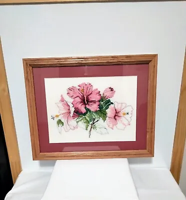 Vintage Hand Stitched Embroidered Art Professionally Framed Pink Flowers Picture • $29.99