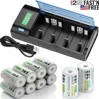 EBL Lot D Size Cell Rechargeable 1.2V NI-MH Batteries 10000mAh Or Charger • $13.99