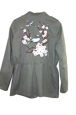 Jou Jou Women's Olive Green Multi Pocket Full Zip Jacket Bird Embroidered Sz XL  • £23.35