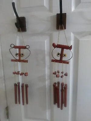 Vintage Mid Century Bamboo Owl Wind Chime Pair Great Sound Color • $18.88
