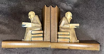 Wooden Monks Bookends Hand Carved Reading Books Old Tiger Quarter Sawn Oak Wood • $19.95