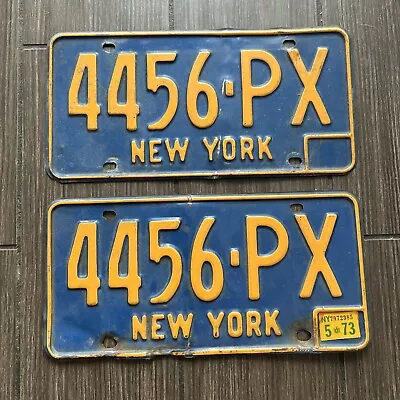 2 Vintage 1970s Matching Pair New York License Plate Blue Orange 4456 PX • $32