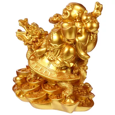  Laughing Buddha Statue On Dragon Sculpture Resin Decoration Big Belly • £12.45