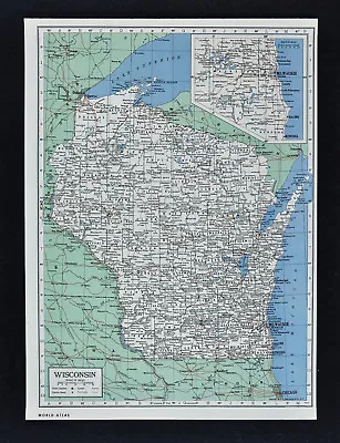 1949 Britannica Map - Wisconsin - Milwaukee Madison Dells Green Bay Superior WI • $9.99