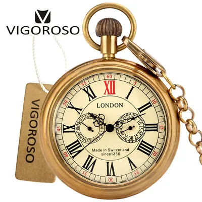 Open Face Pocket Watch With Chain Retro Mens Classic Gold Mechanical Luxury Gift • $22.99