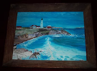 Impressionistic Lighthouse Painting Nautical Seascape Maine 1989 LARGE FOLK ART • $145