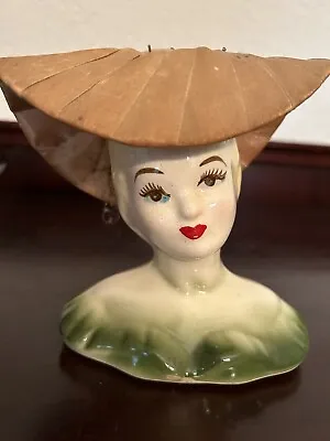 Vintage Ceramic Lady Head Vase Pin Cushion Hat Blond Hair 6” Rare • $34