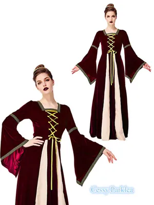 XE12 Women Burgundy Gown Game Of Thrones Renaissance Medieval Queen Costume 6-20 • $24.76