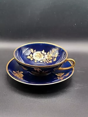 Vintage Cobalt Blue Hand Painted Tea Cup & Saucer Gold Gilt • $12