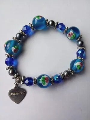 Vintage Murano Glass Millefiori Art Glass Floral Bead Boho Blue Stretch Bracelet • $14.87