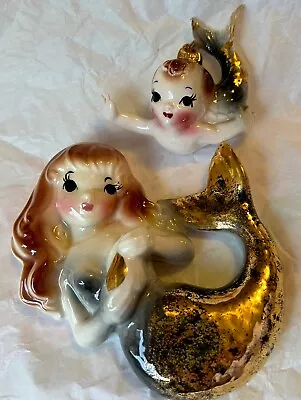 Vintage Deforest Mermaid Mom & Baby Wall Plaque Hanging Set Ceramic PY? MCM • $395