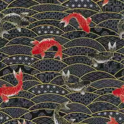£4.50 • Buy Cotton Fabric  Fat Quarter Japanese Import - Beppu - Koi Black Metallic
