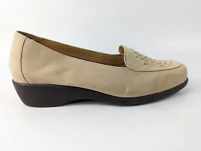 M & S Footglove Beige Leather Slip On Shoes 6 Wide • £18.99