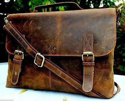 Mens Buffalo Leather Briefcase Vintage Messenger Shoulder Laptop Bag Brown Sale • $78.79