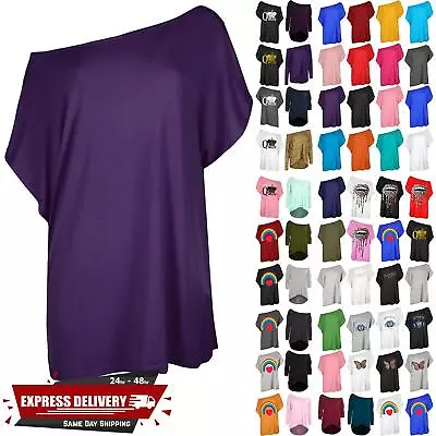 Womens Baggy Oversized Off The Shoulder Batwing Sleeve Ladies Bardot T Shirt Top • £3.49