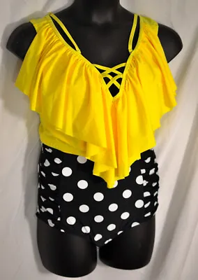 Women's Vintage High Waist Bikini Size XX Large Yellow Ruffle & Black Fits 10-12 • $13.12
