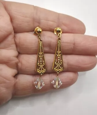Vintage Gold Tone Avon Crystal Pierced Dangle Earrings B10 • $3.04