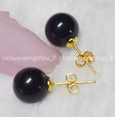 Natural 10mm Black Agate Gemstone Round Beads Gold Stud Earrings  • $2.69