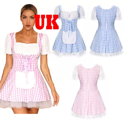 UK Womens Gingham Miss Muffet Cosplay A-Line LaceDress Halloween Dress-up Party  • £5.48