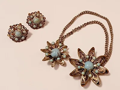$8.99 • Buy Vintage Turquoise-Colored Brooch Duo W/Chain & Screwback Earrings,Estate Jewelry