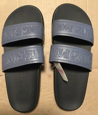 NEW Victorias Secret PINK Double Strap Logo Slide Sandal Light Gray Beach Sm 5/6 • $24.99