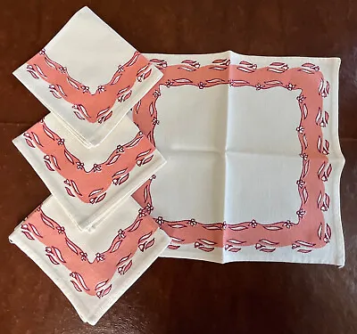 Set Of 4 Vtg 50's Printed Cotton Napkins Pink Border Design 10  X 11  Unused • $14.99