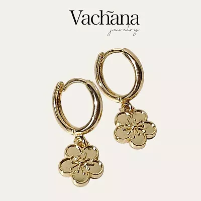 Gold Flower Hoop Earrings - 14k Gold Plated Cherry Blossom With Chucky Hoop... • £10.90