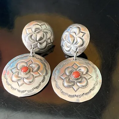 Native American Sterling Silver &Red Coral  Stamped Concho Earrings Signed LS • $119