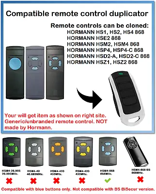 £11.70 • Buy Remote Control Duplicator For Hormann HS1, HS2, HS4 868 (BLUE Buttons ONLY!!!)