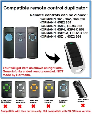 Remote Control Duplicator For Hormann HS1 HS2 HS4 868 (BLUE Buttons ONLY!!!) • £11.99