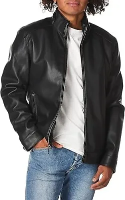 COLE HAAN Men's Large Black Faux-Leather Moto Jacket • $44.99