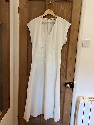 £20 • Buy Zara Size L Long White Dress Lace Trim Summer Linen Wedding Formal V Neck NWT