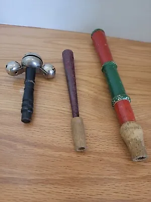 Vintage / Antique Metal & Wood Child's Toy Noisemaker Blow Horns And Bell • $15