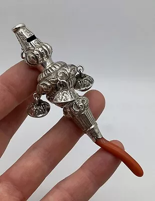 George Unite 1901 Birmingham Antique Silver Baby Rattle Whistle Coral Bells Doll • $46.07
