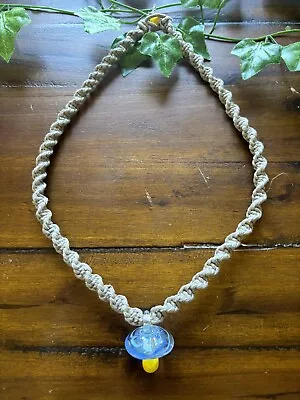 Handmade Hemp Necklace W/ Handmade Glass Mushroom Pendant Approx. 21.5 Inches • $14