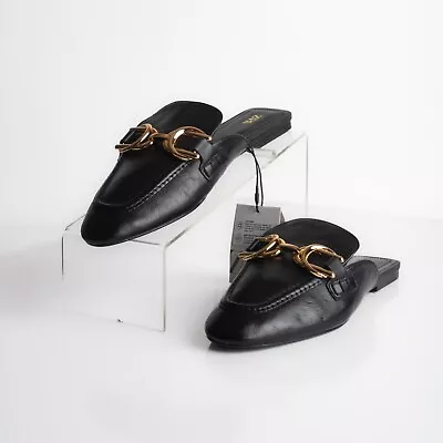 Zara Womens Black Leather Mule Slip On Flat Loafers Buckled US 7.5 EU 38 NWT • $69.99