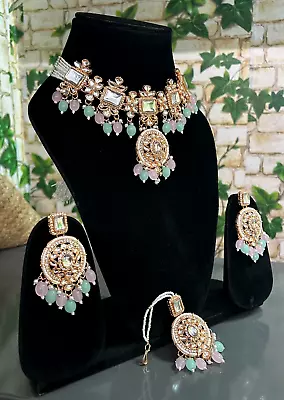 Indian Bollywood Gold Plated Kundan Choker Bridal Necklace Earrings Jewelry Set • $27.27