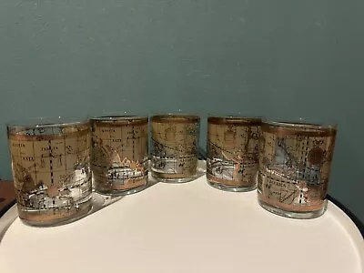 Five Vintage Cera Gold Old World Map Cocktail Glasses MCM 4  • $79.95