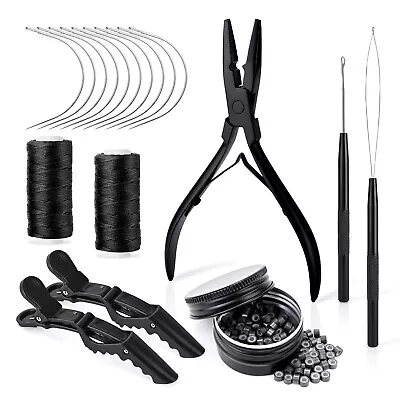 Hair Extension Tools Kit Microlinks Plier Hook Needle 200PC Silicone Lined Rings • $23.74