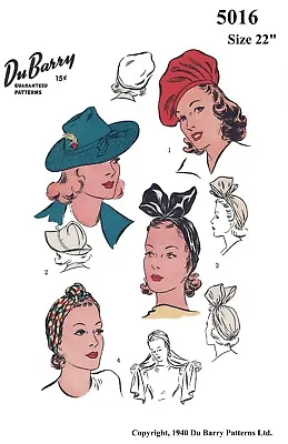 DuBarry #5016 HATS Turban Beret Fabric Sewing Pattern Chemo Alopecia 22  1940's • $5.49