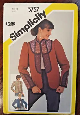 Simplicity 5757 Vintage Sewing Pattern Misses Pre Or Self Quilted Jackets SZ 12 • $6
