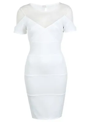 Miss Selfridge UK 14 White Banded Mesh Insert Short Sleeve Bodycon Dress • £22