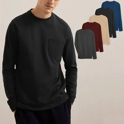 Mens Long Sleeve T-Shirt Plain Crew Round Neck Casual 100% Cotton Pocket Tee Top • £6.99