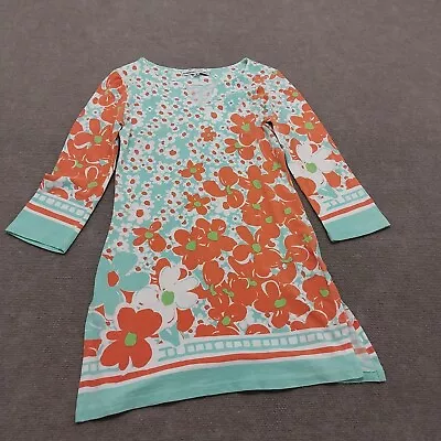 Barbara Gerwit Womens Small Long Sleeve Blue Orange Floral V-Neck Tunic Dress • $24.88