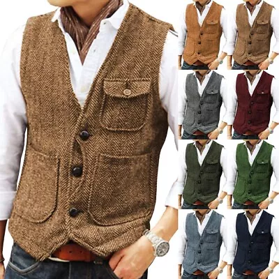 Mens Western Tweed Vests Wool Herringbone Hunting Cowboy Vest M Large XL XXL 3XL • $27.99