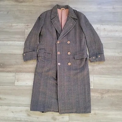 Vintage 50s Alvarez Buenos Aires Overcoat Brown Plaid Double Breasted 40L • $175.99