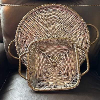 2 Vintage Woven Silver Metal Tray Serving Baskets Aluminum Brass W/ Handles  • $39.99