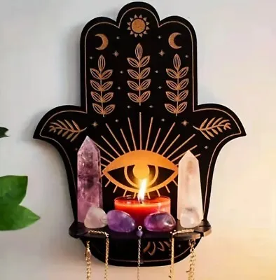 Spiritual Wall Mounted Black/Gold Wooden Shelf For Crystals And Candles 4 Design • £6